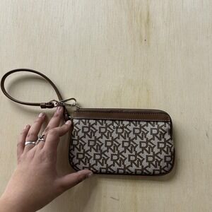 DKNY Clutch Bag Womens Small Brown Logo Canvas Leather Zip Wristlet Pouch